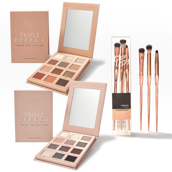 Triple Effect Eyeshadow Palette with Flawless Finish Eyeshadow Brush Set Bundle